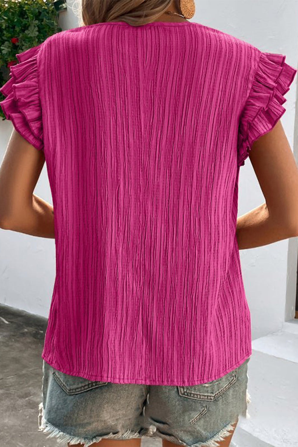 Ruffled Tie Neck Cap Sleeve Blouse with Tied.