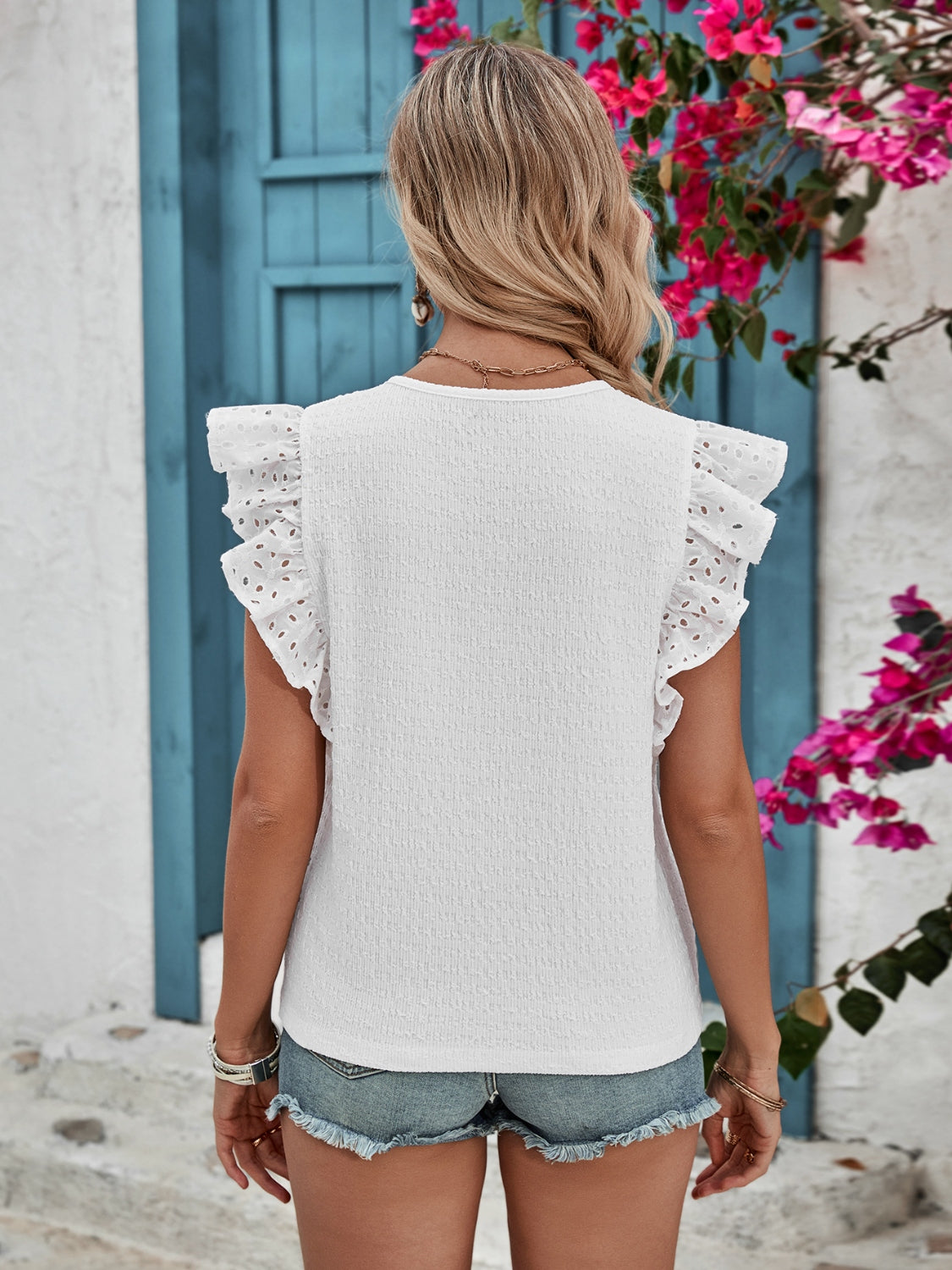 Honey Ruffled V-Neck Cap Sleeve Blouse.