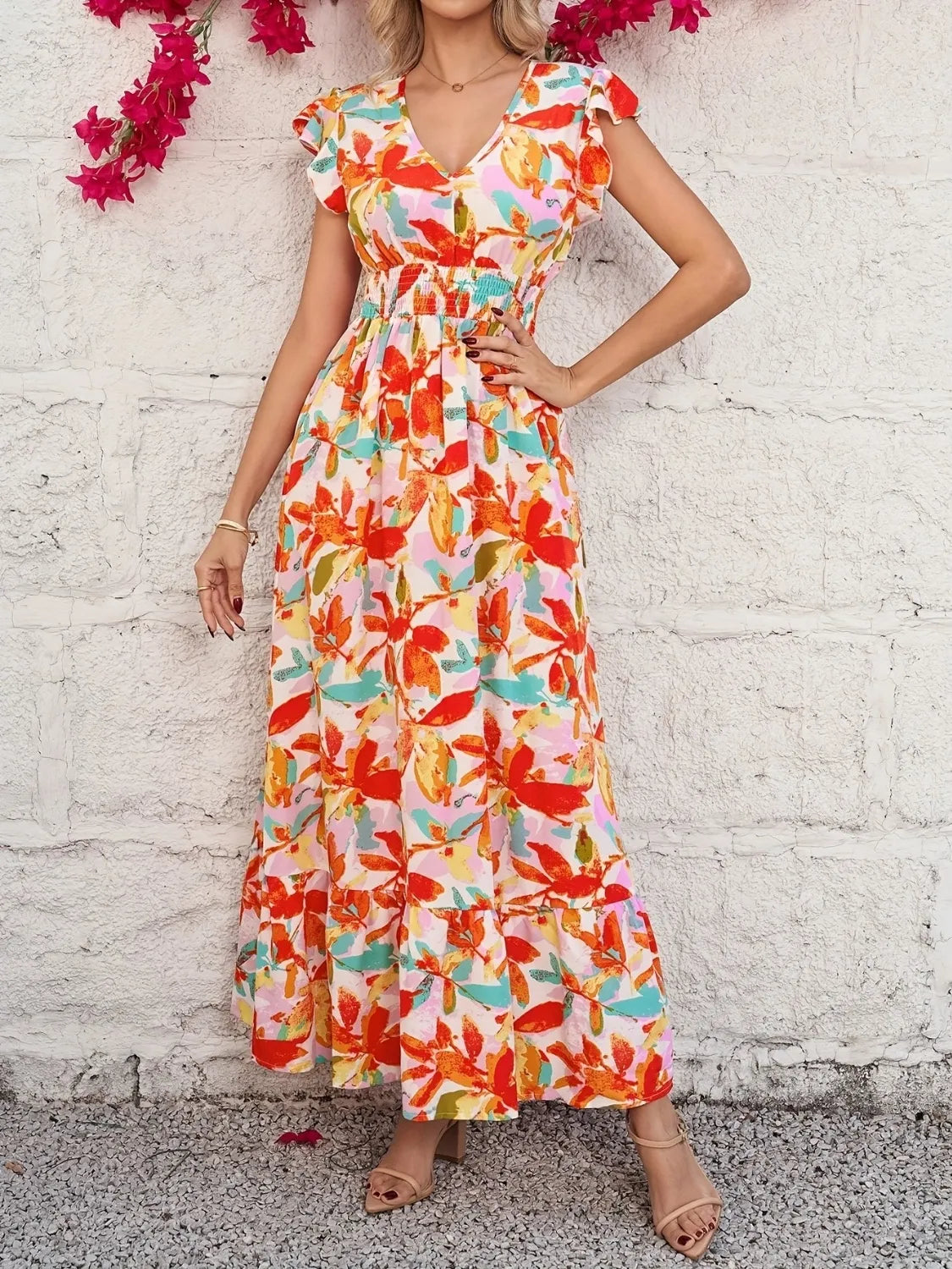 Ruffled V-Neck Cap Sleeve Dress.