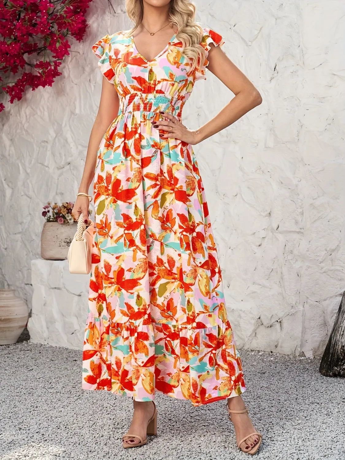 Ruffled V-Neck Cap Sleeve Dress.