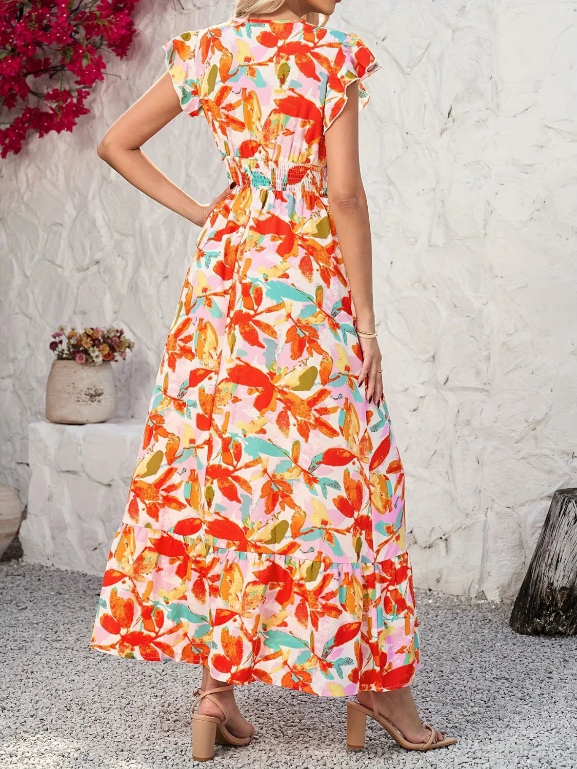 Ruffled V-Neck Cap Sleeve Dress.