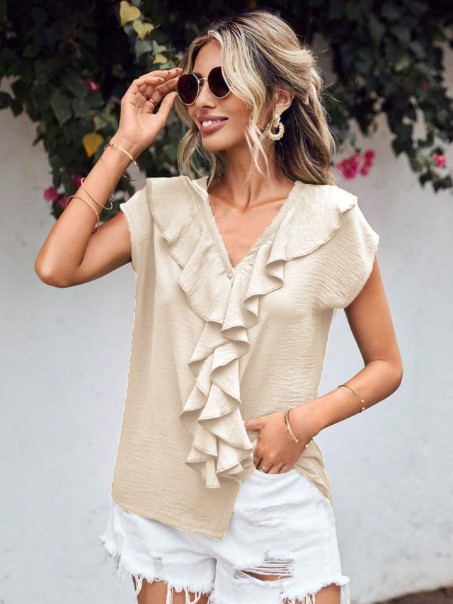 Ruffled V-Neck Short Sleeve Blouse.