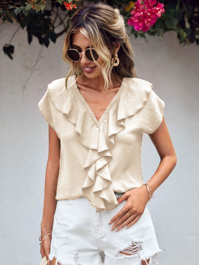 Ruffled V-Neck Short Sleeve Blouse.