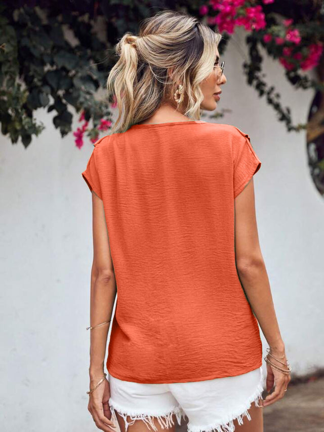 Ruffled V-Neck Short Sleeve Blouse.