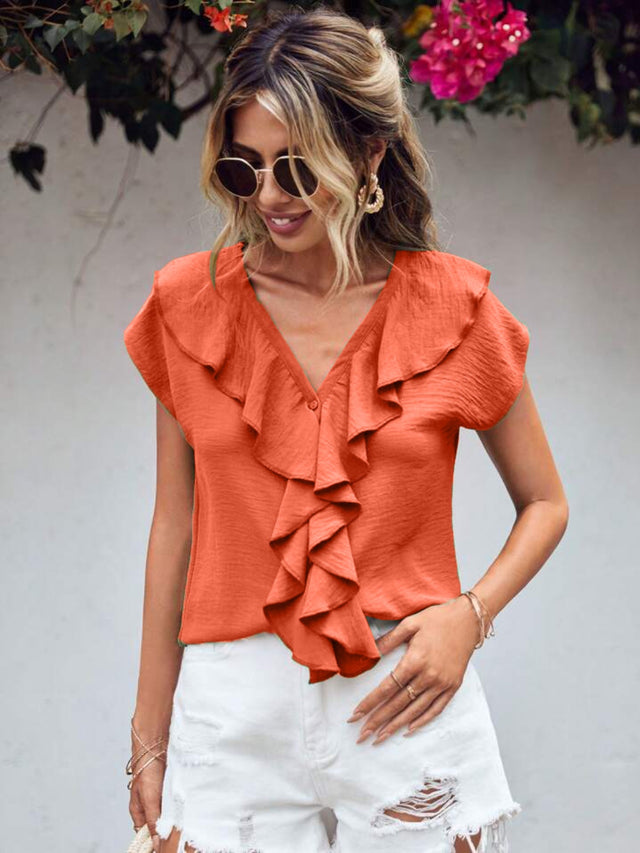 Ruffled V-Neck Short Sleeve Blouse.