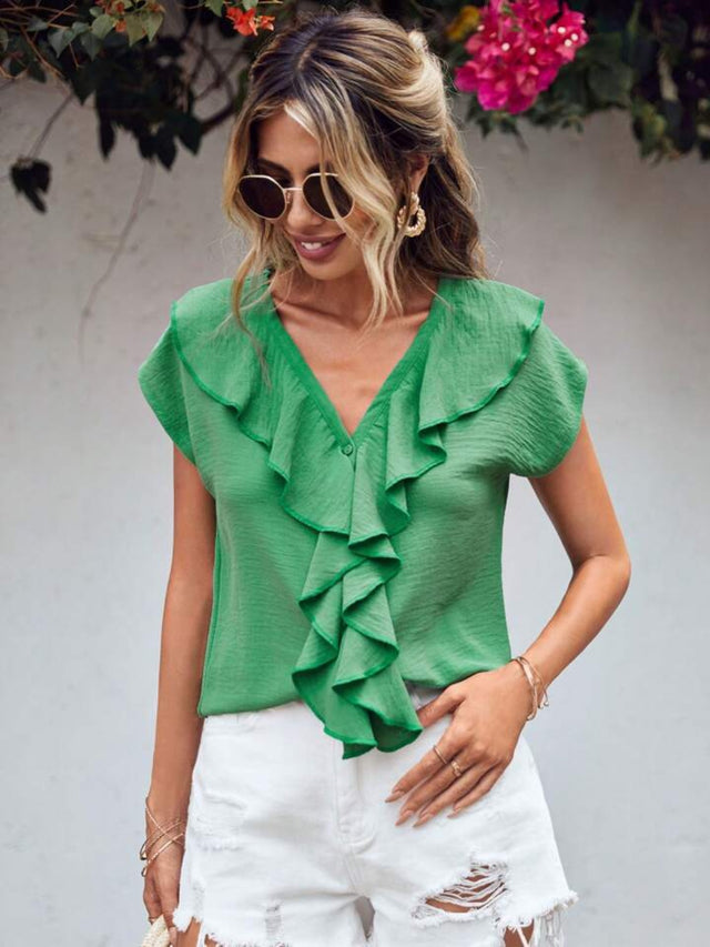Ruffled V-Neck Short Sleeve Blouse.