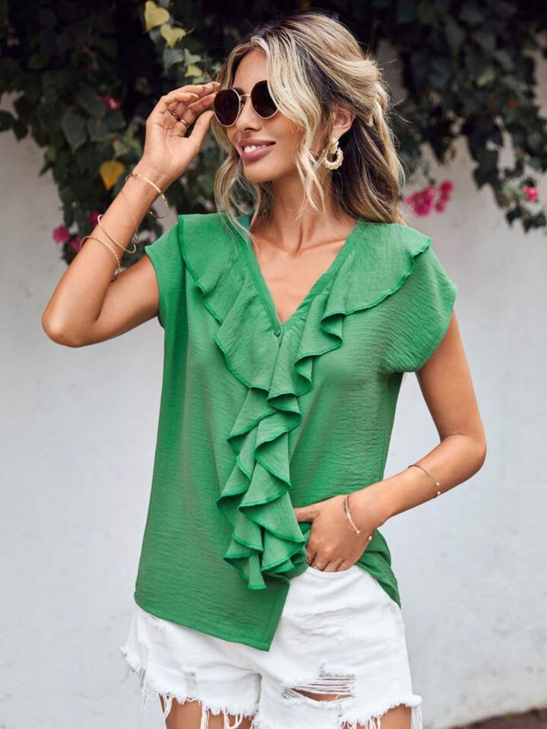 Ruffled V-Neck Short Sleeve Blouse.