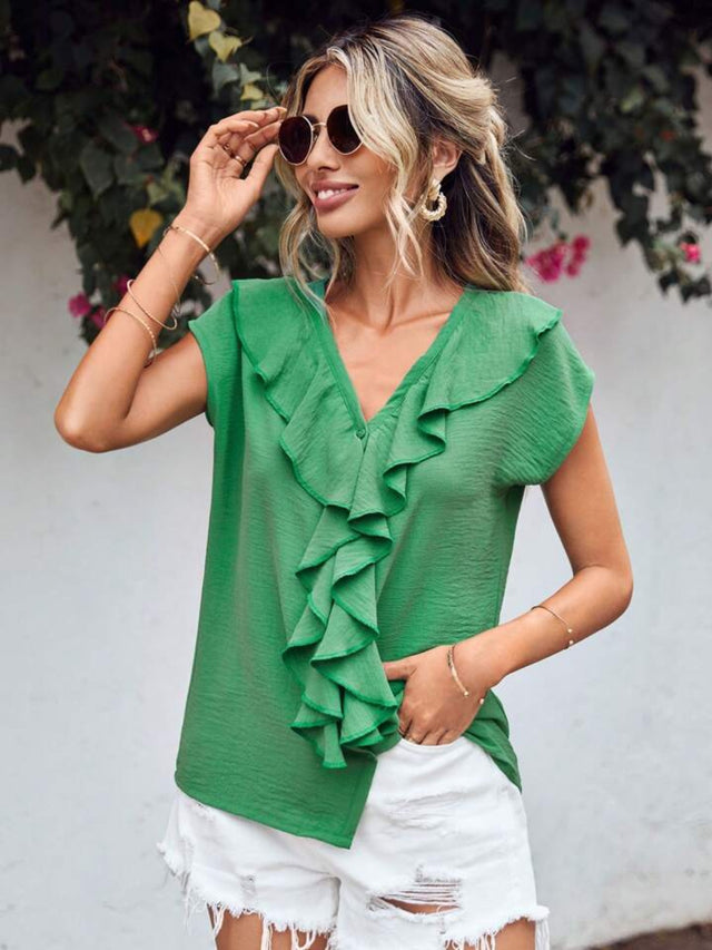Ruffled V-Neck Short Sleeve Blouse.