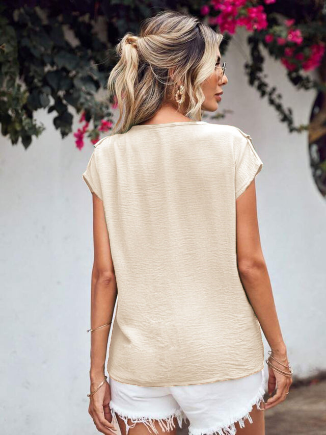 Ruffled V-Neck Short Sleeve Blouse.