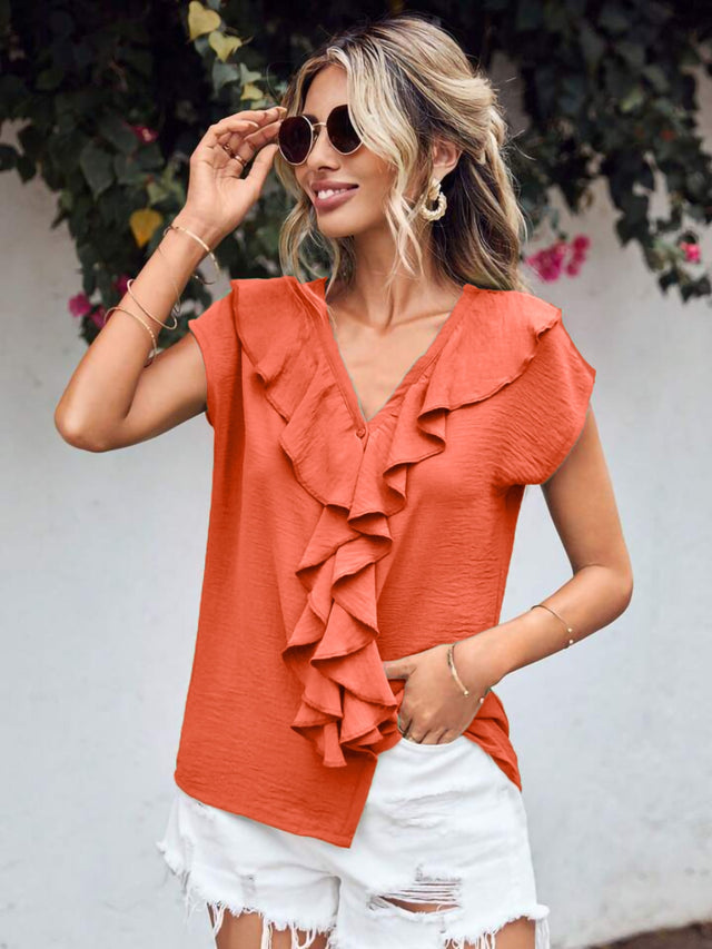Ruffled V-Neck Short Sleeve Blouse.