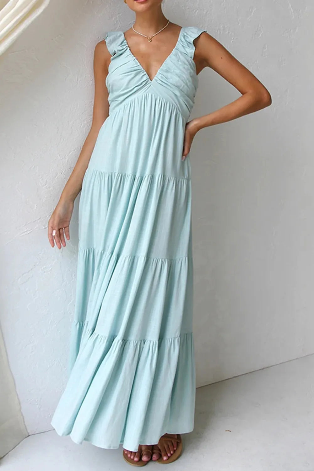 Ruffled V-Neck Tiered Dress.