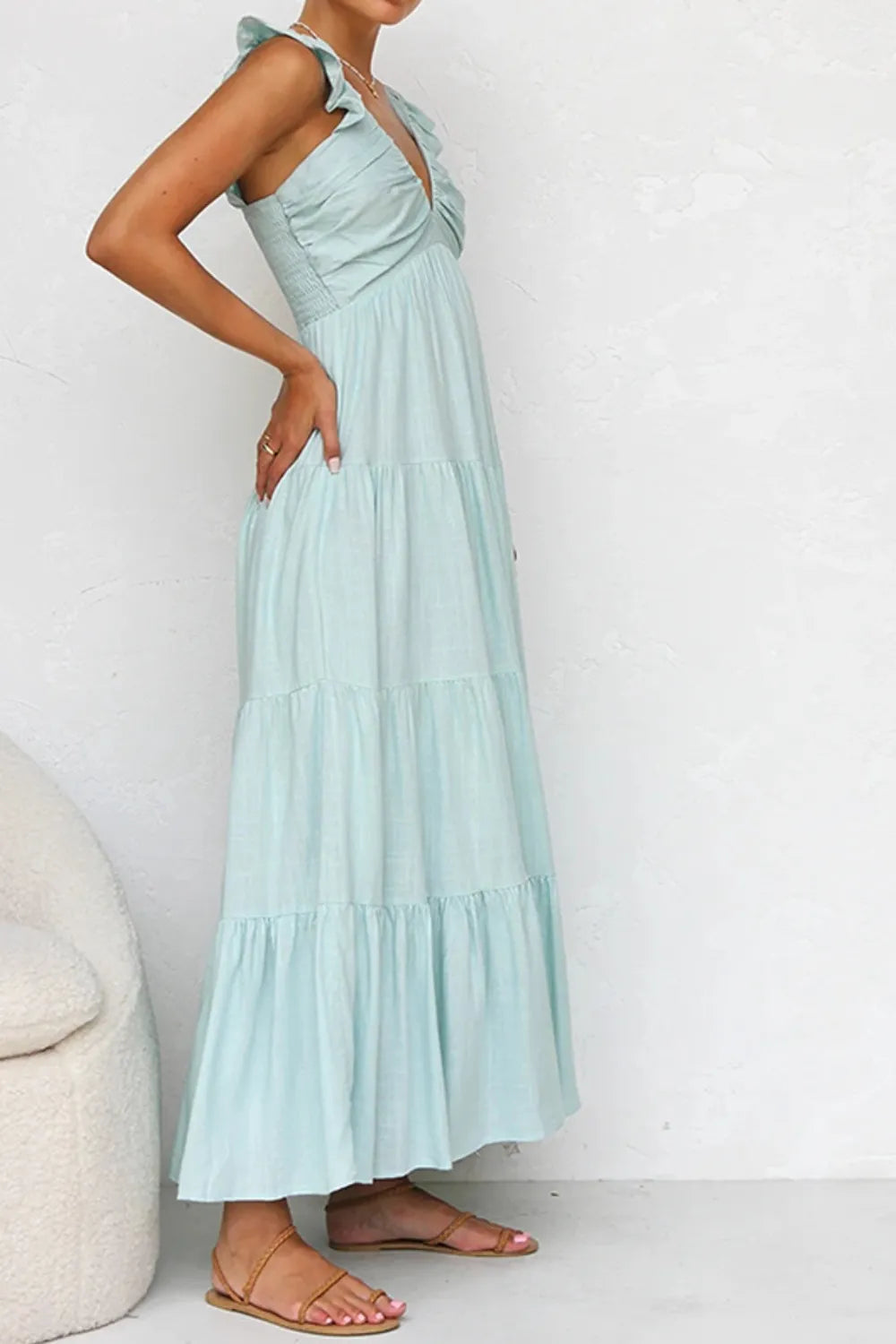 Ruffled V-Neck Tiered Dress.