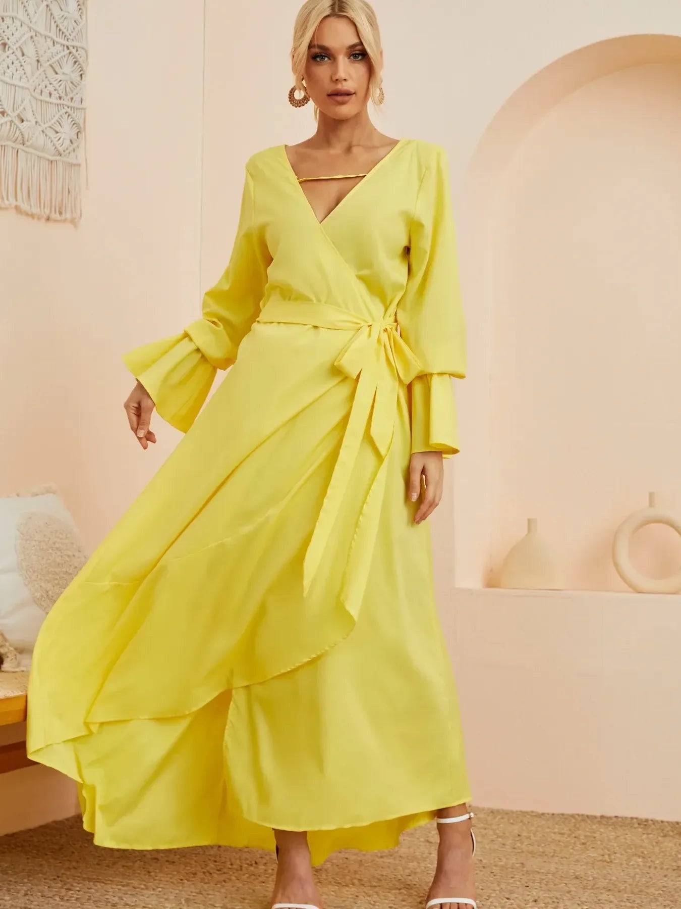 Ruffled Wrap Maxi Dress with Bell Sleeves.