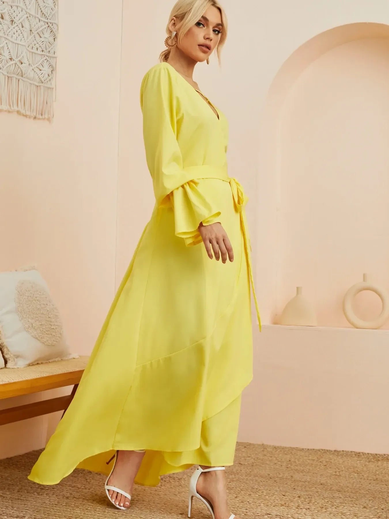 Ruffled Wrap Maxi Dress with Bell Sleeves.