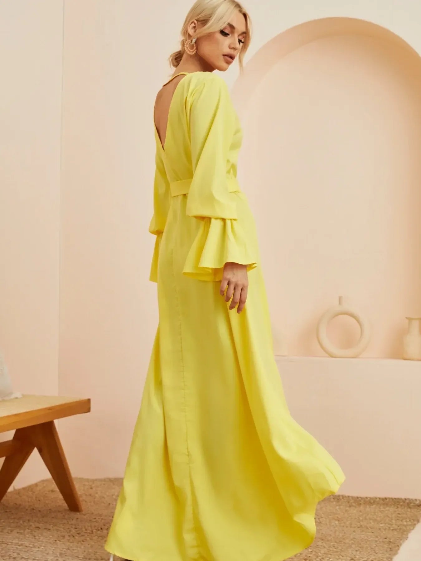 Ruffled Wrap Maxi Dress with Bell Sleeves.