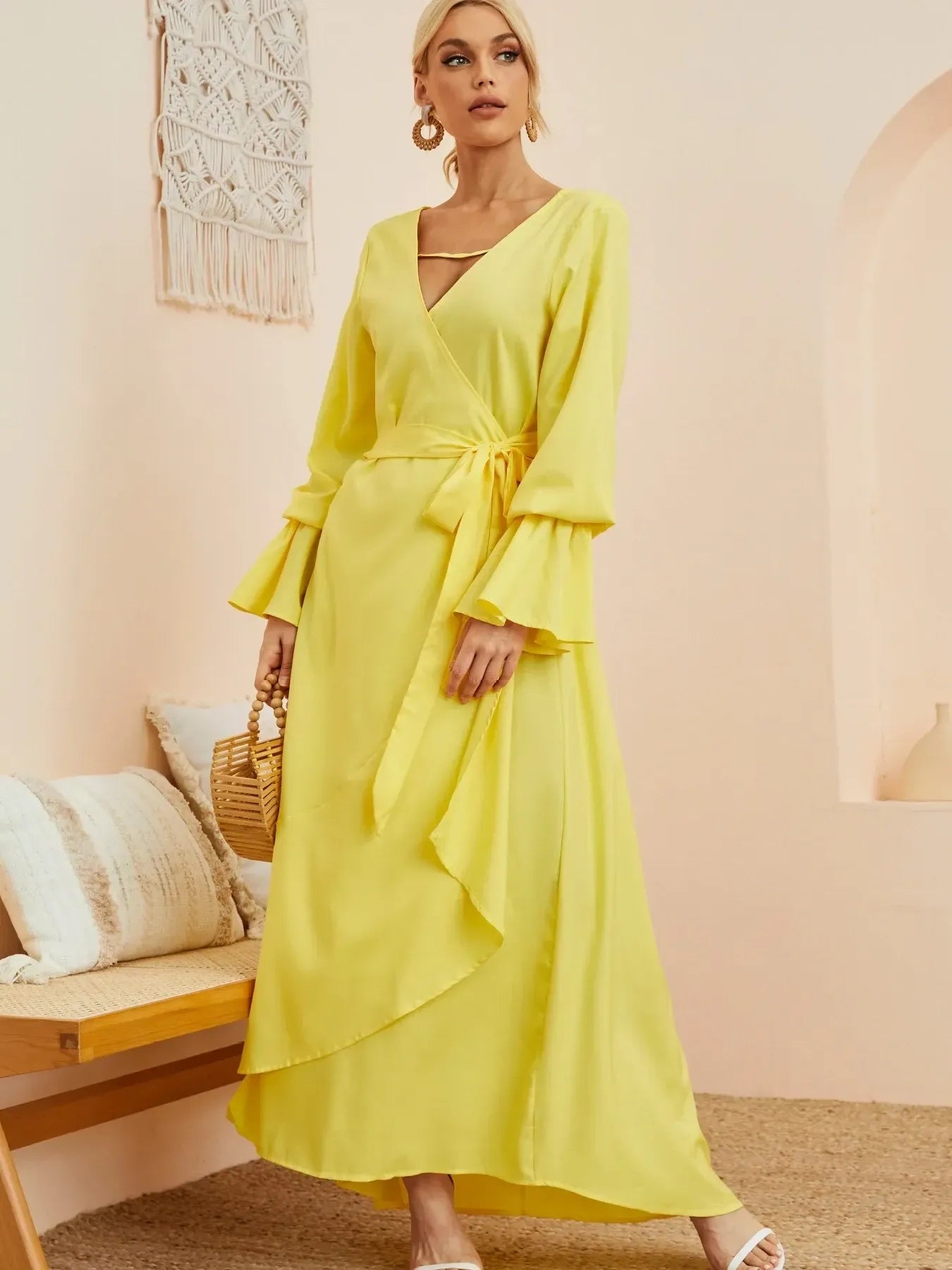 Ruffled Wrap Maxi Dress with Bell Sleeves.