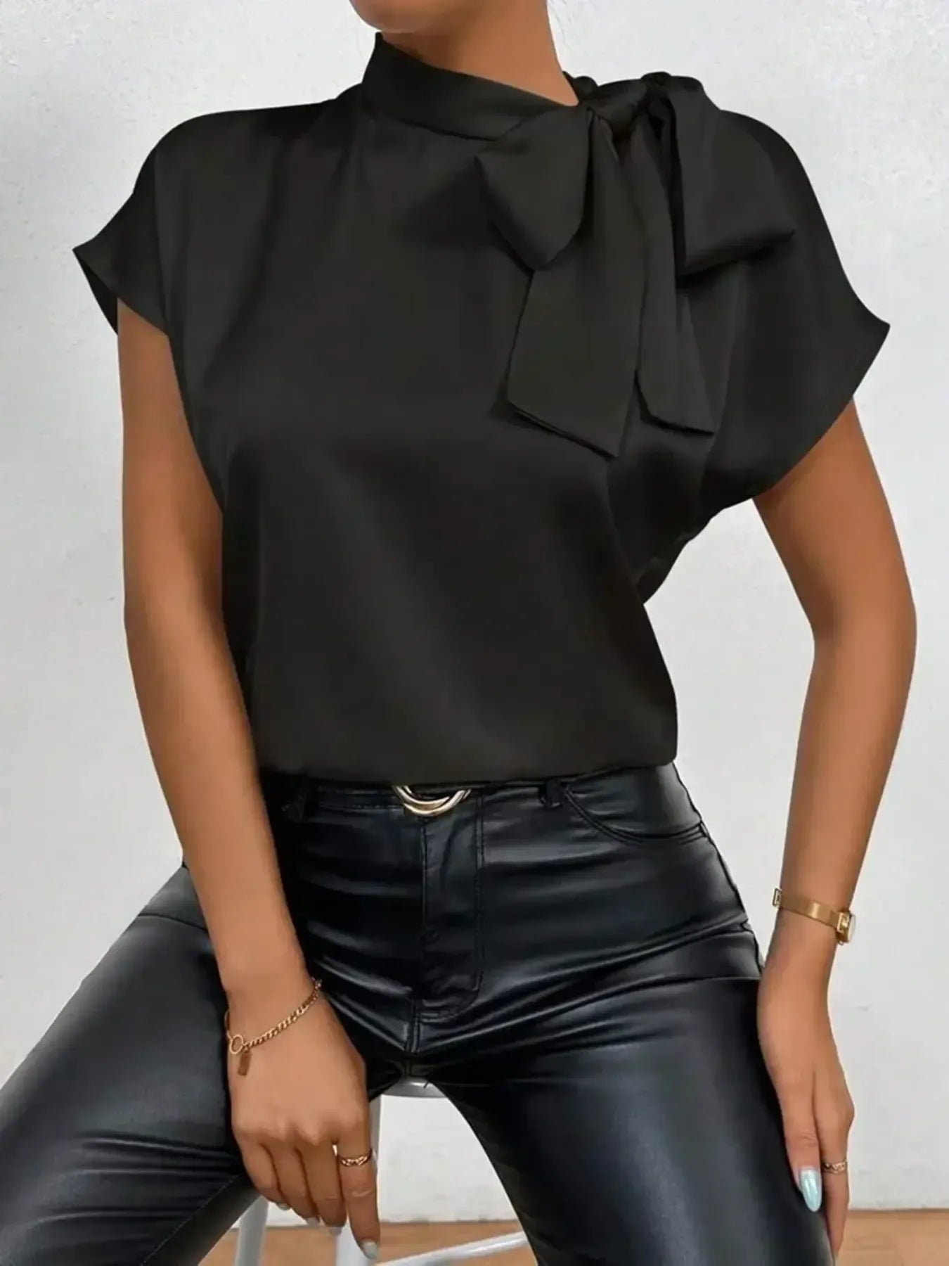 Satin Bow Tie Neck Blouse.