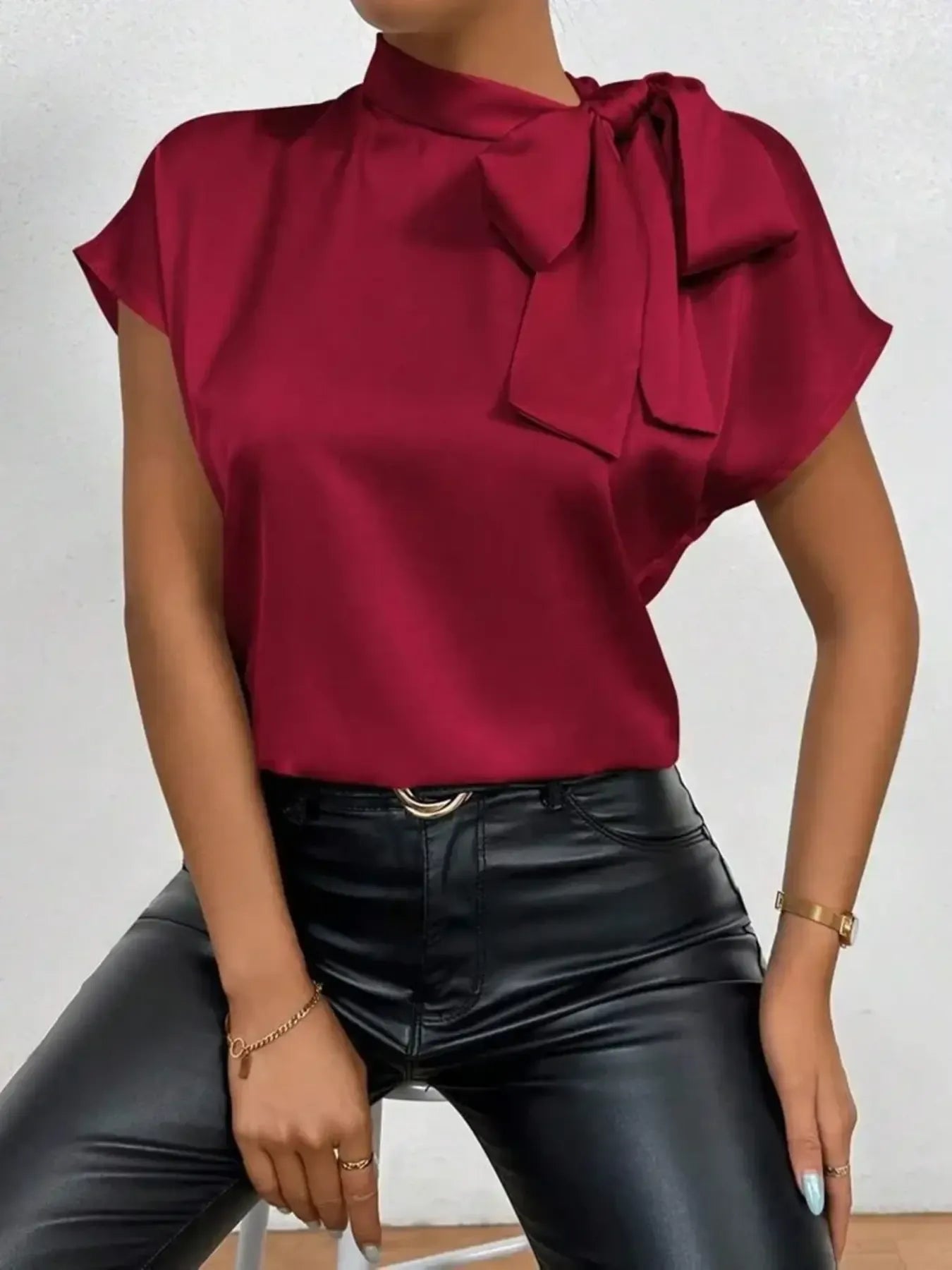 Satin Bow Tie Neck Blouse.