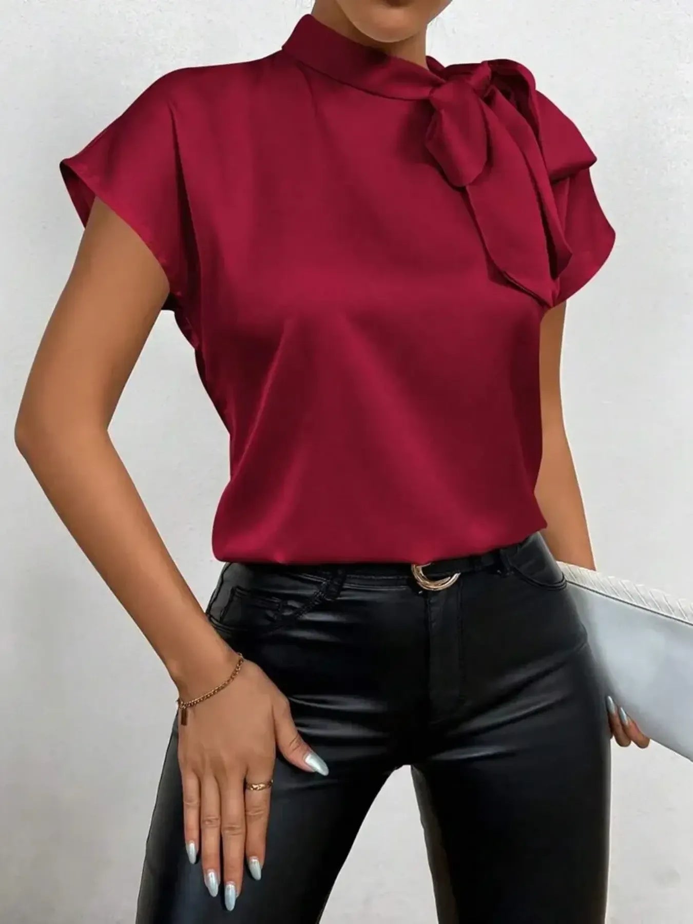 Satin Bow Tie Neck Blouse.