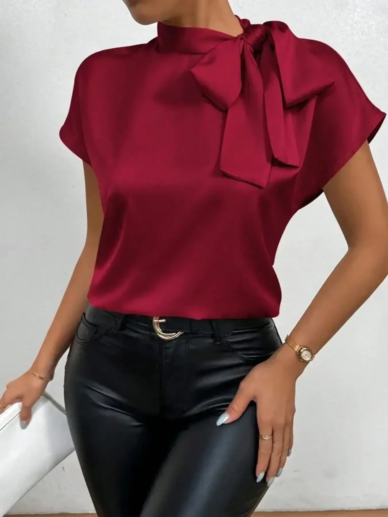 Satin Bow Tie Neck Blouse.