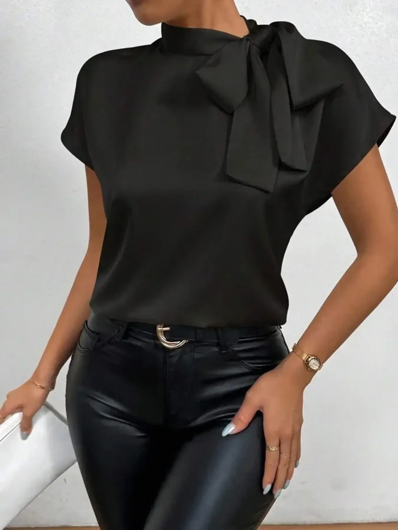 Satin Bow Tie Neck Blouse.
