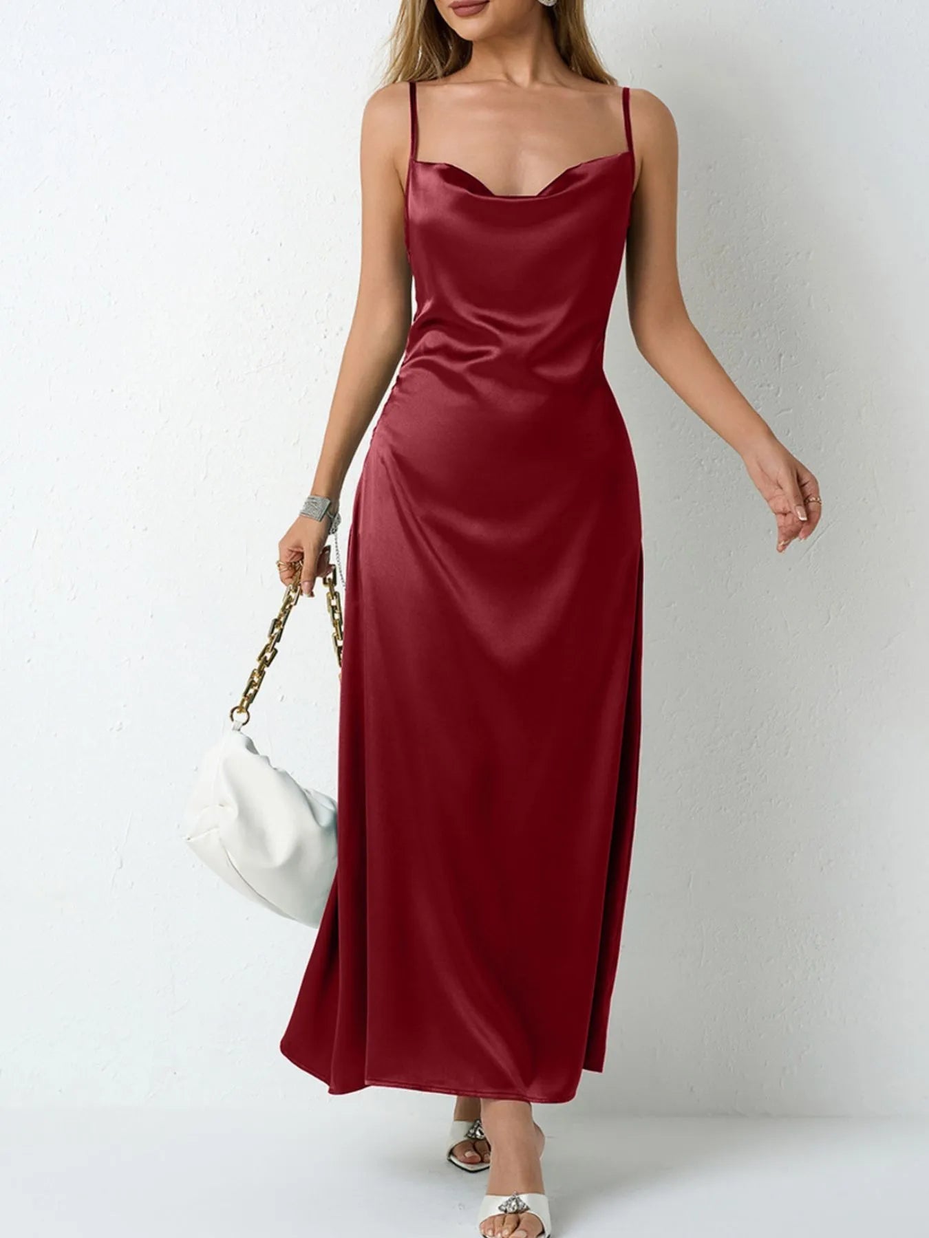 Satin Cowl Neck Cami Dress.