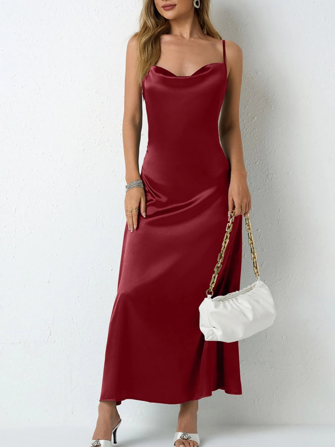 Satin Cowl Neck Cami Dress.