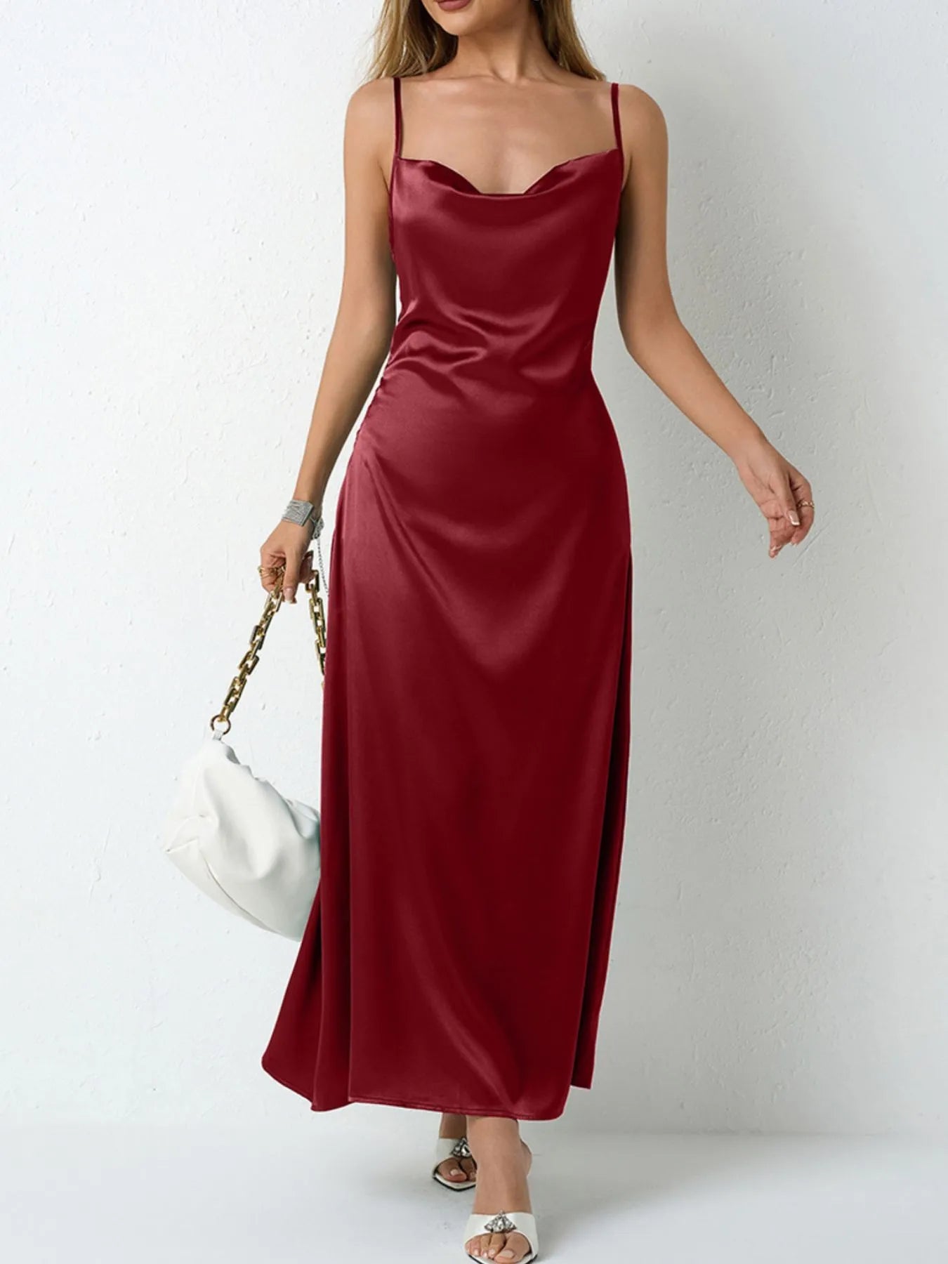 Satin Cowl Neck Cami Dress.