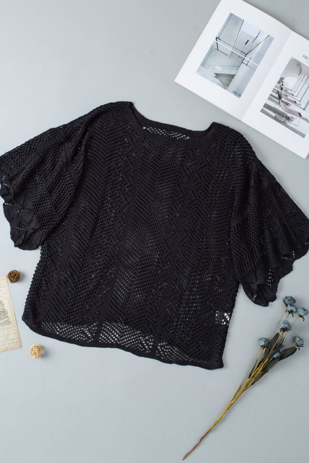 Scallop Edge Half Sleeve Pointelle Knit Top with Openwork.