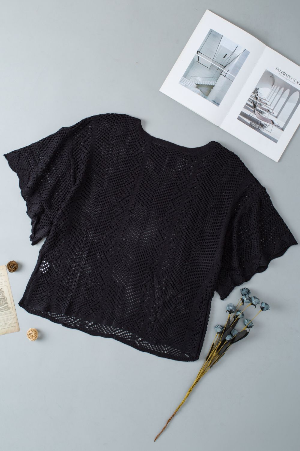 Scallop Edge Half Sleeve Pointelle Knit Top with Openwork.