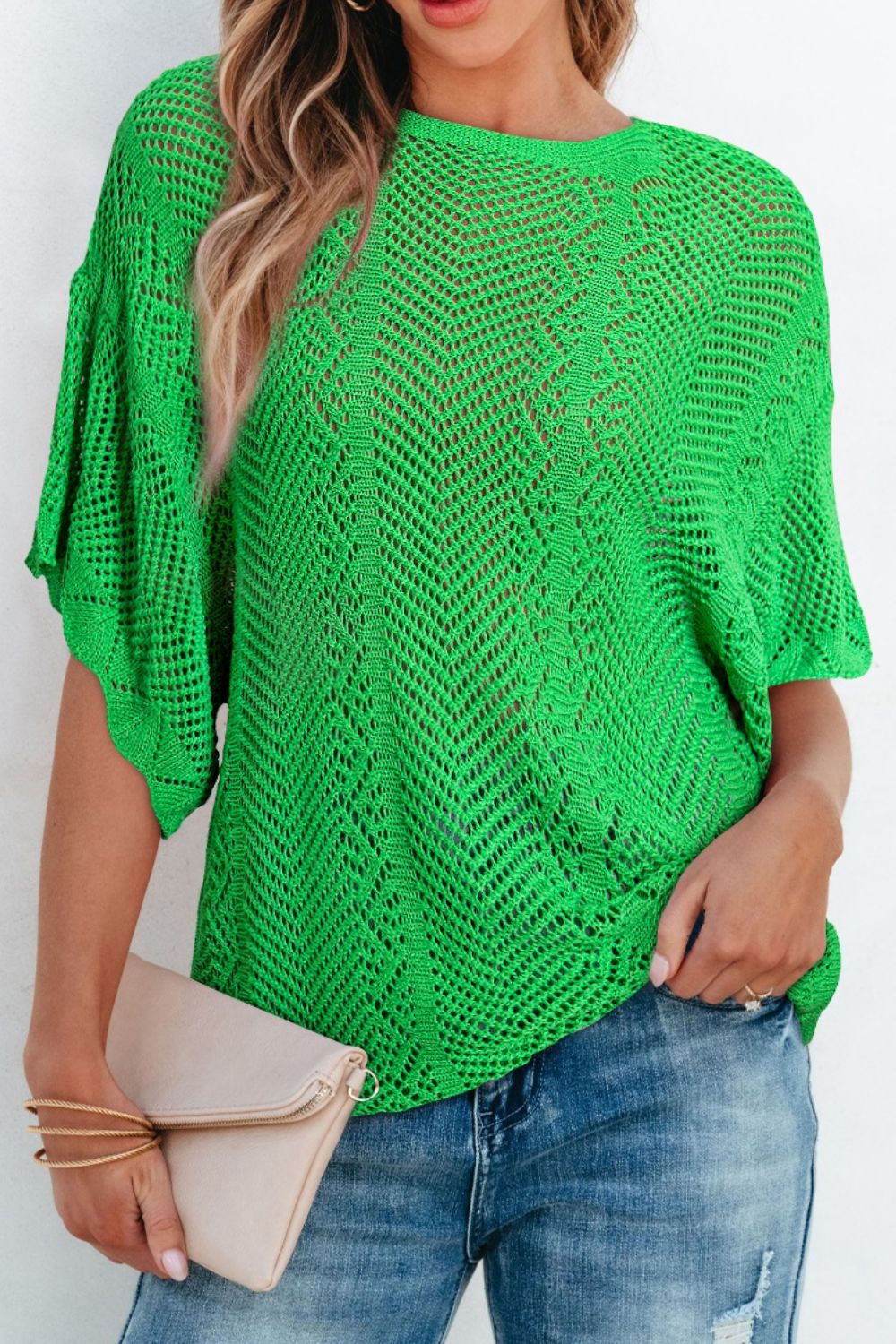 Scallop Edge Half Sleeve Pointelle Knit Top with Openwork.