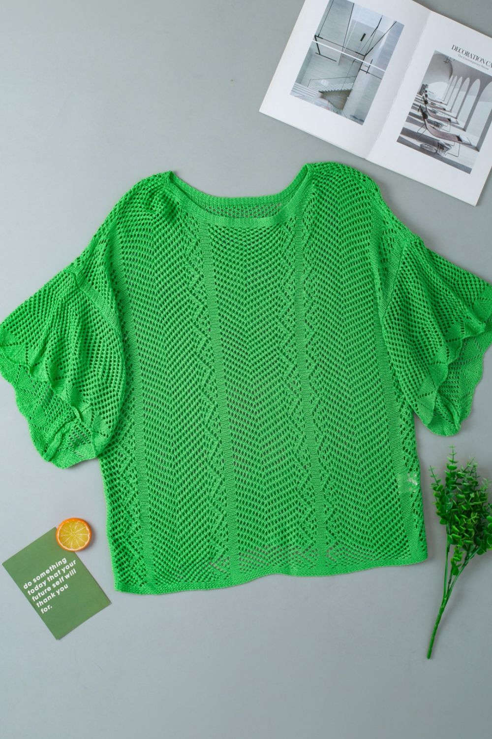 Scallop Edge Half Sleeve Pointelle Knit Top with Openwork.