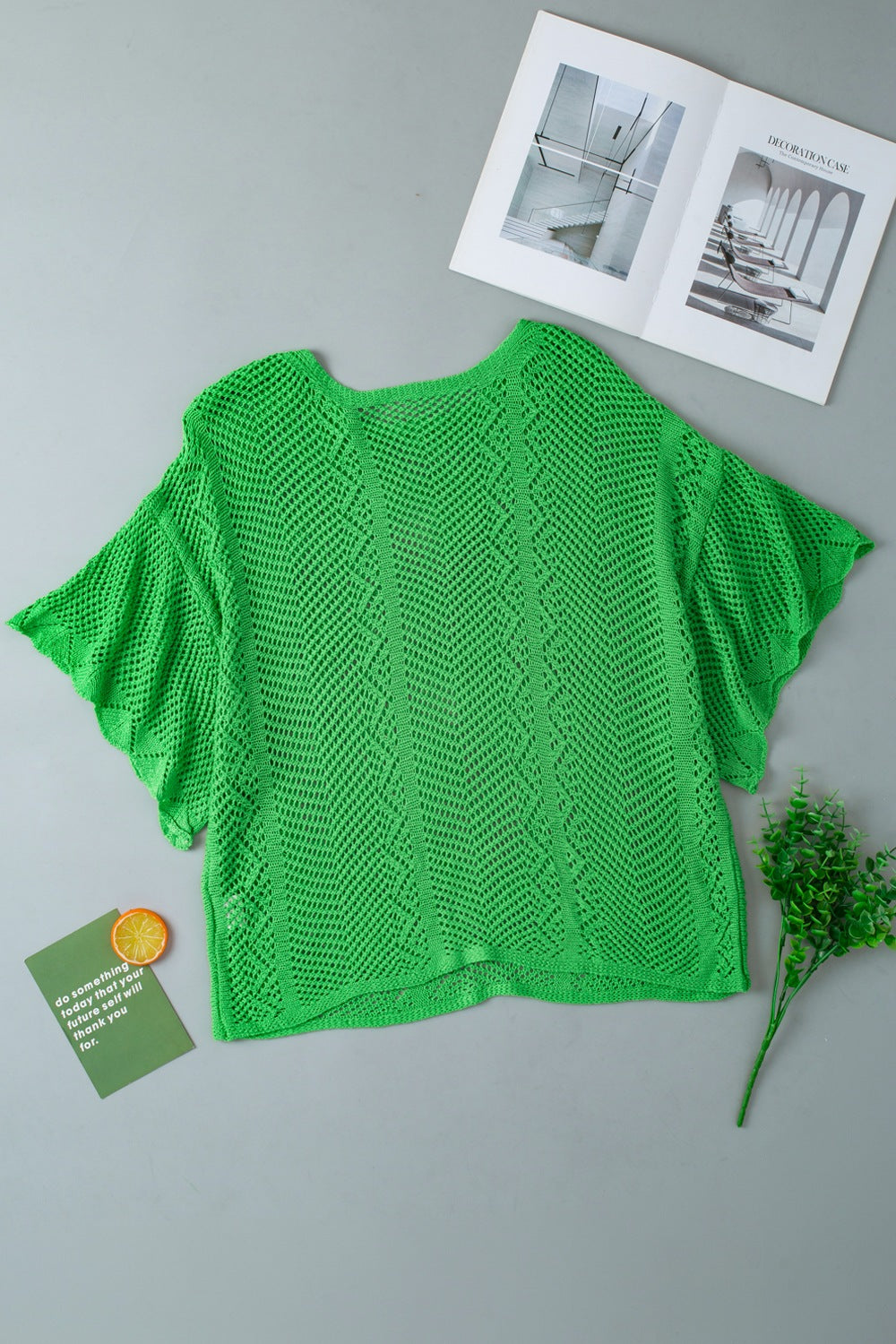 Scallop Edge Half Sleeve Pointelle Knit Top with Openwork.