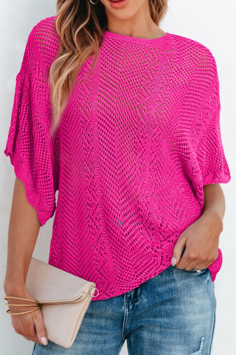 Scallop Edge Half Sleeve Pointelle Knit Top with Openwork.