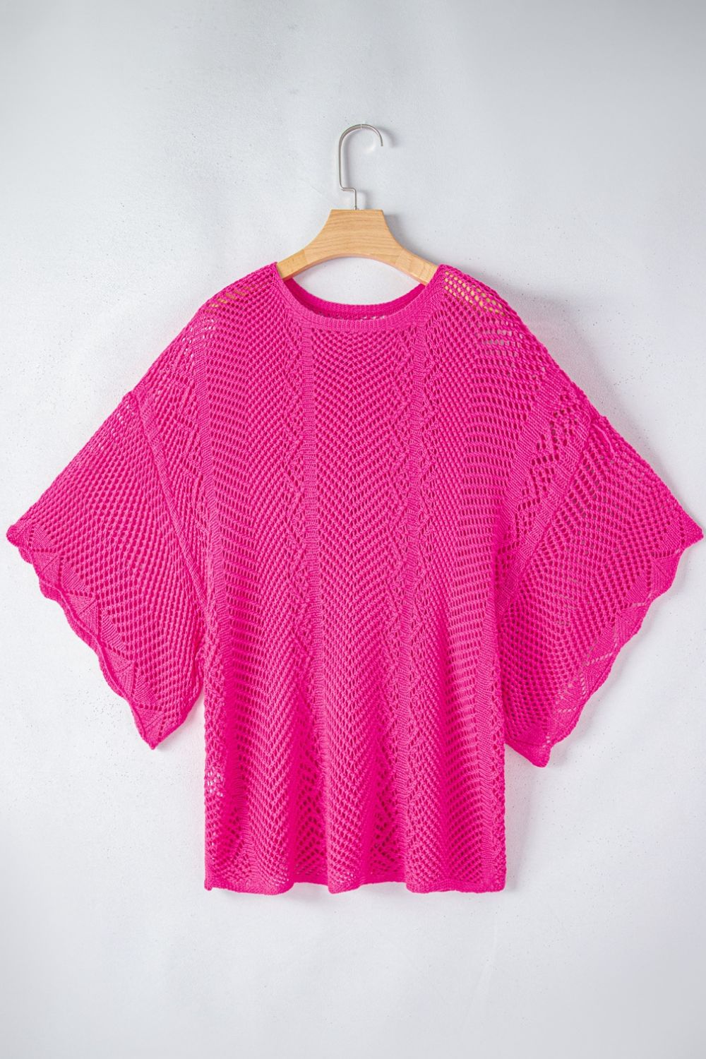 Scallop Edge Half Sleeve Pointelle Knit Top with Openwork.