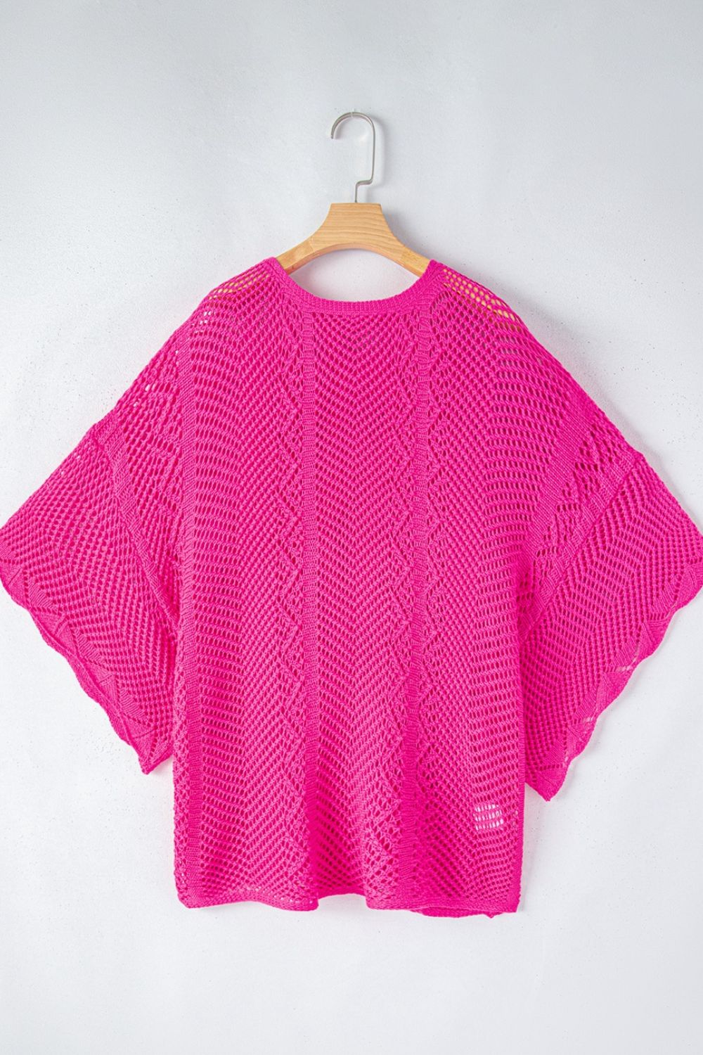 Scallop Edge Half Sleeve Pointelle Knit Top with Openwork.
