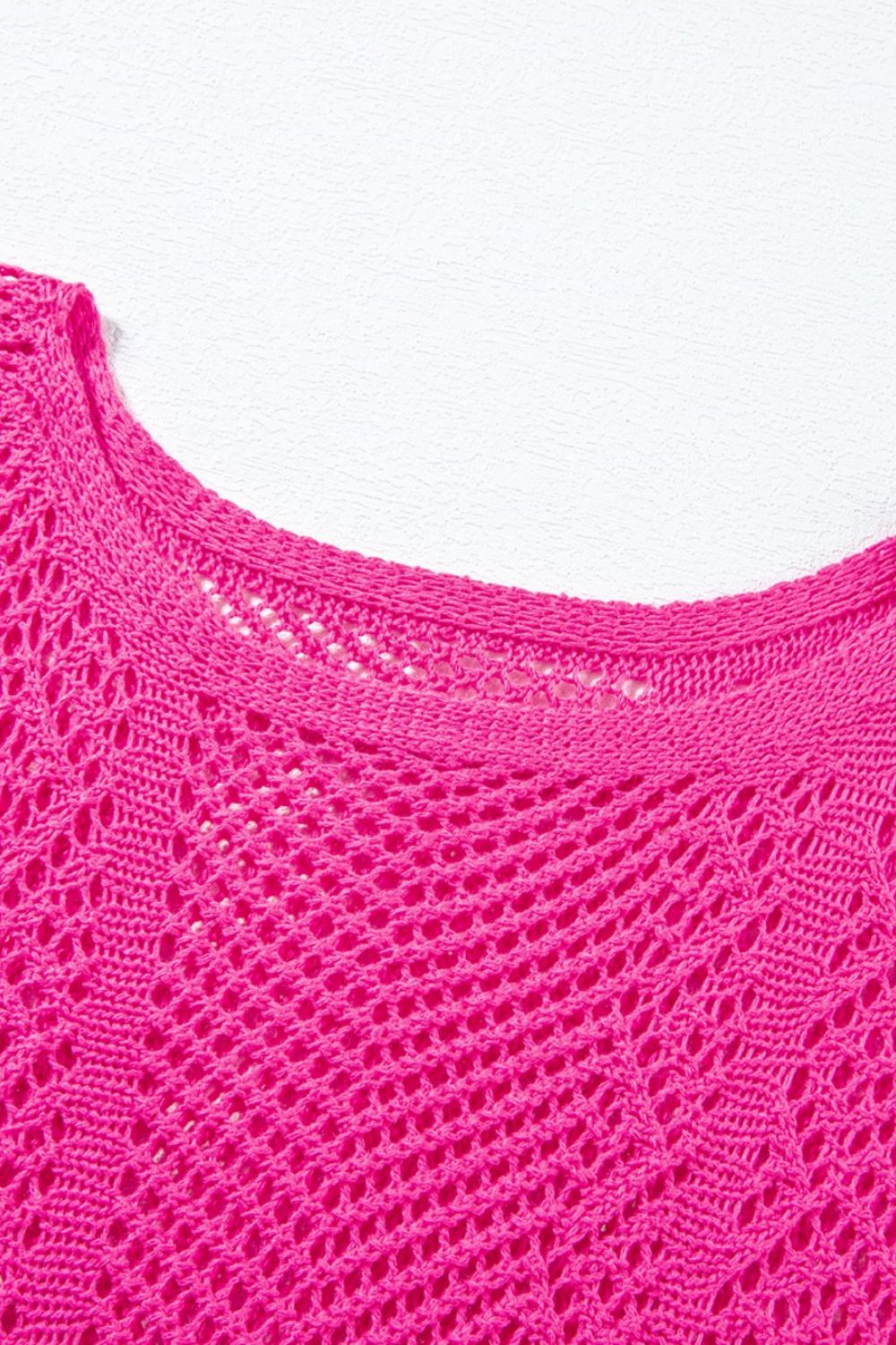 Scallop Edge Half Sleeve Pointelle Knit Top with Openwork.