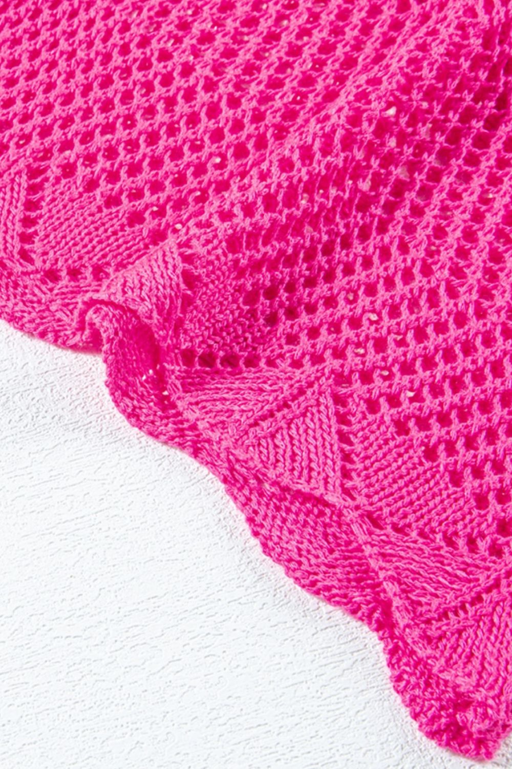 Scallop Edge Half Sleeve Pointelle Knit Top with Openwork.