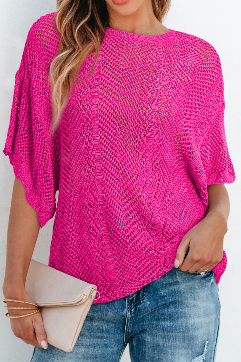 Scallop Edge Half Sleeve Pointelle Knit Top with Openwork.