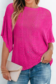 Scallop Edge Half Sleeve Pointelle Knit Top with Openwork.