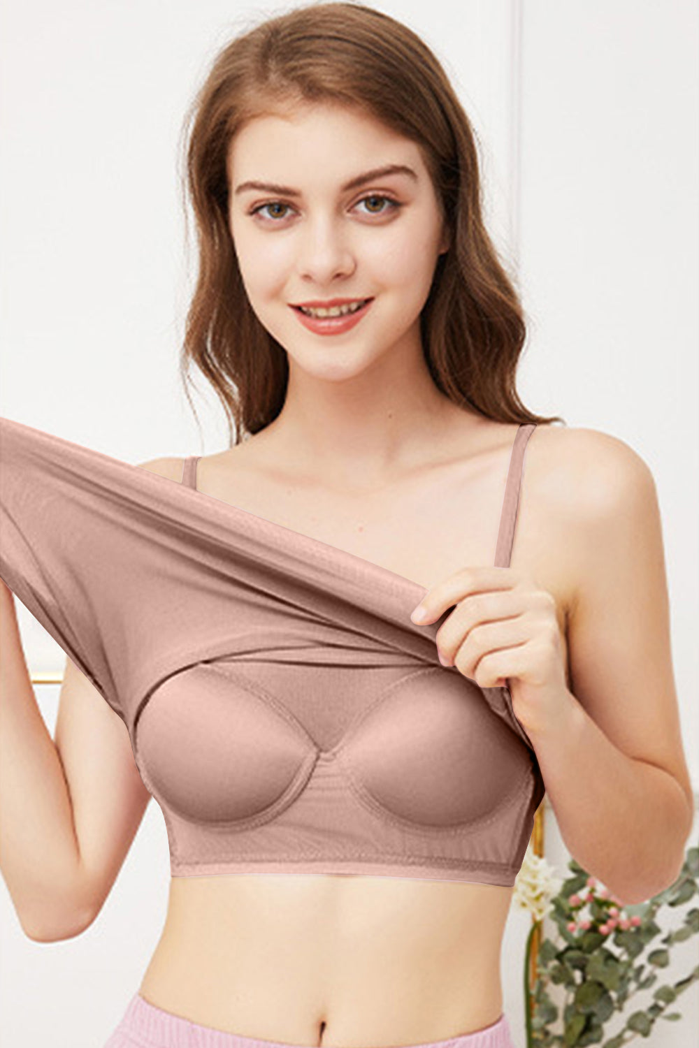 Scoop neck cami with built-in bra, opaque and moderately stretchy.