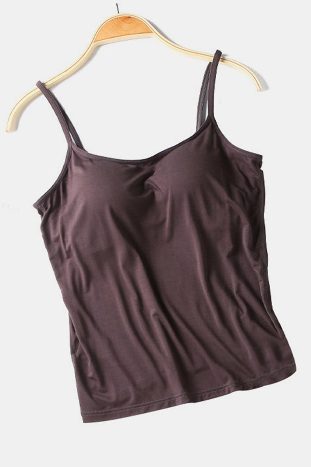 Scoop neck cami with built-in bra, opaque and moderately stretchy.