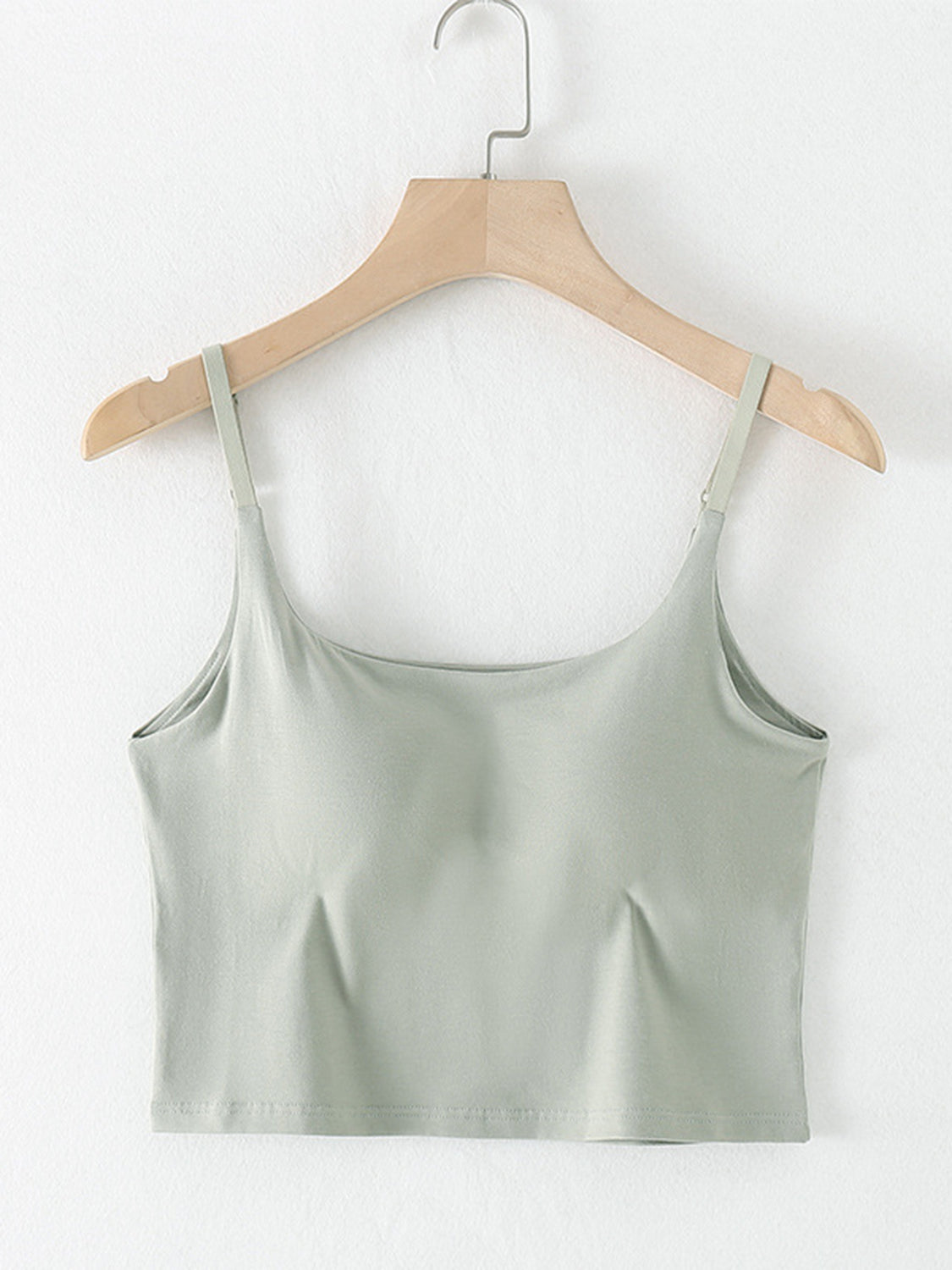 Scoop neck cropped cami with chest pads, opaque and highly stretchy.