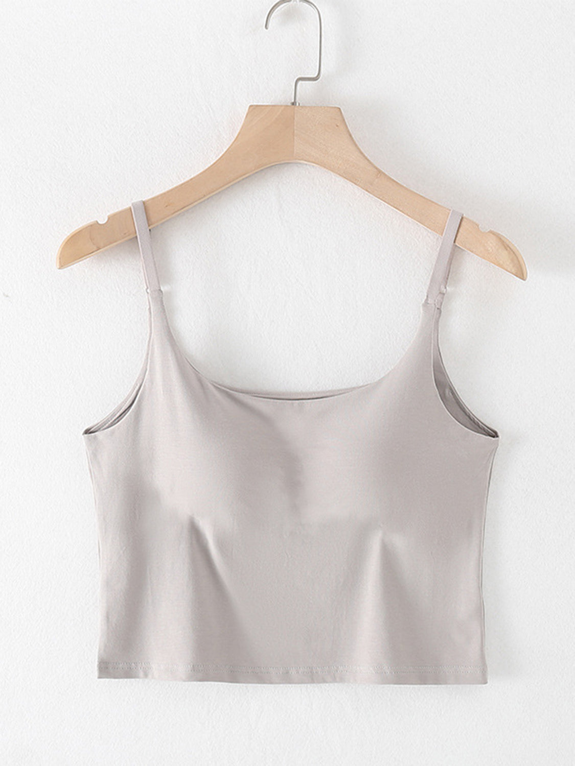 Scoop neck cropped cami with chest pads, opaque and highly stretchy.
