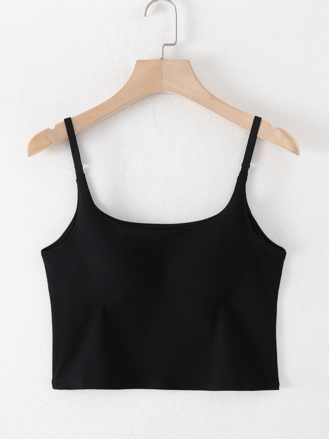 Scoop neck cropped cami with chest pads, opaque and highly stretchy.