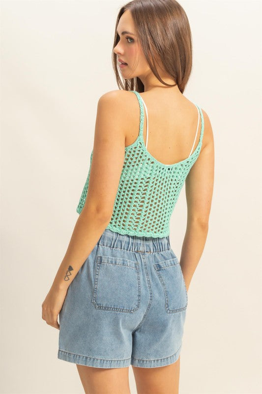 Scoop neck cropped crochet cover up cami, sheer.