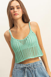 Scoop neck cropped crochet cover up cami, sheer.