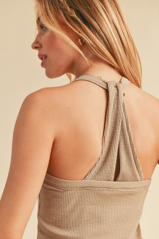 Scoop neck ribbed tank, opaque and slightly stretchy.