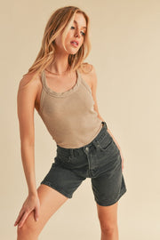 Scoop neck ribbed tank, opaque and slightly stretchy.