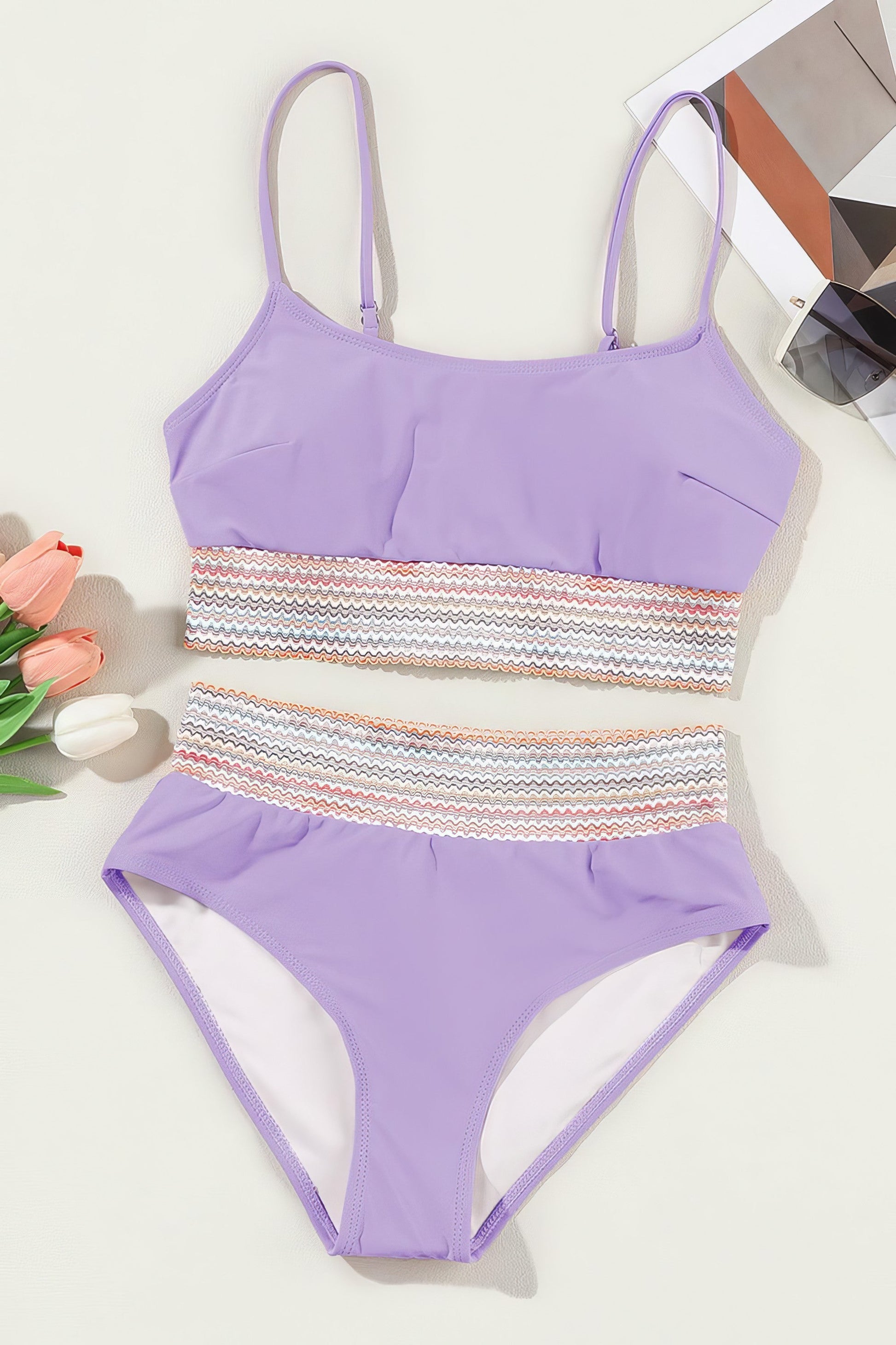 Scoop neck spaghetti strap bikini set with removable padding.
